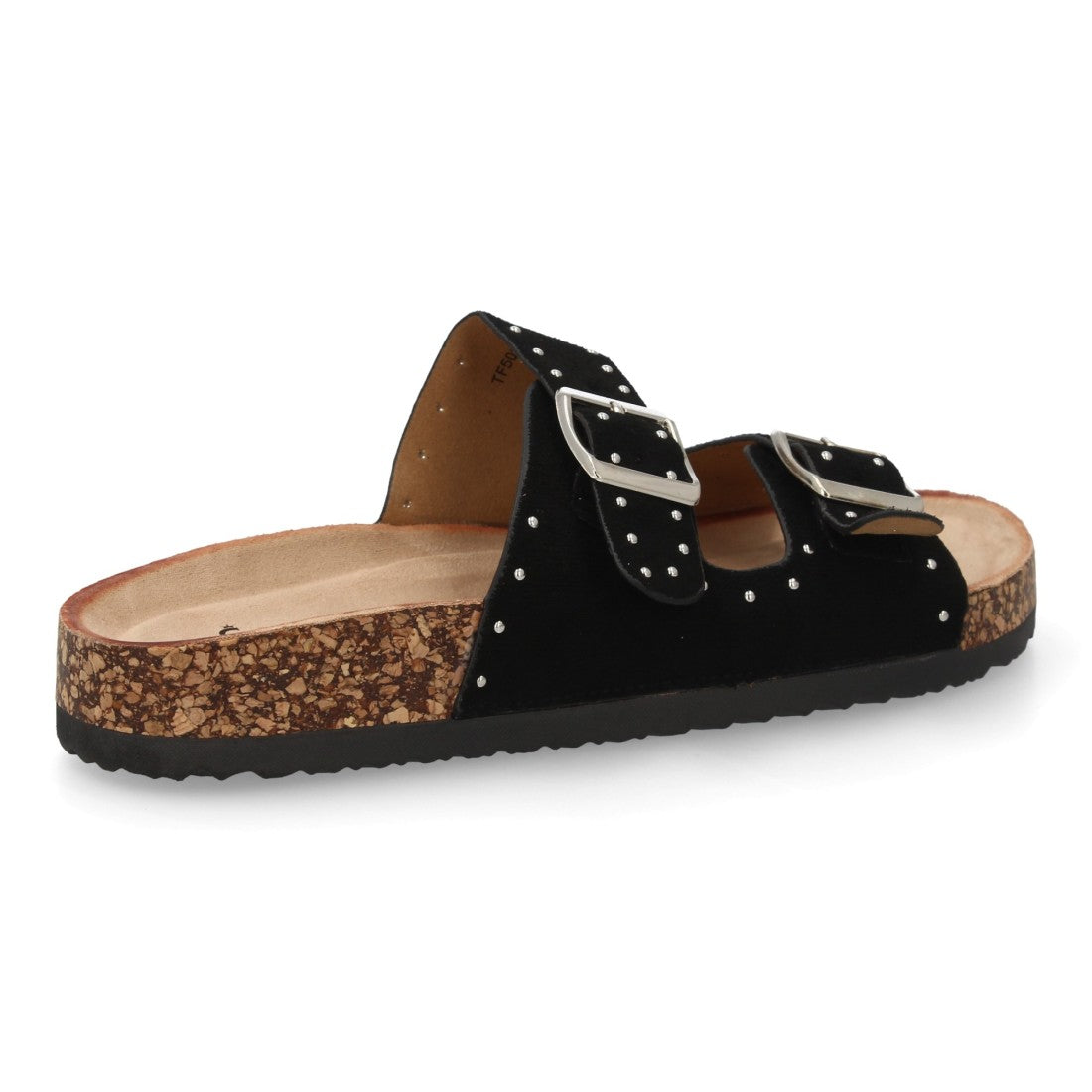Sandalia bio color negro con hebillas metálicas y plantilla ergonómica.