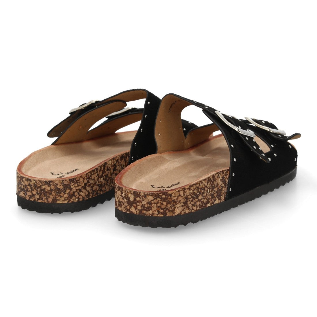 Sandalia bio color negro con hebillas metálicas y plantilla ergonómica.