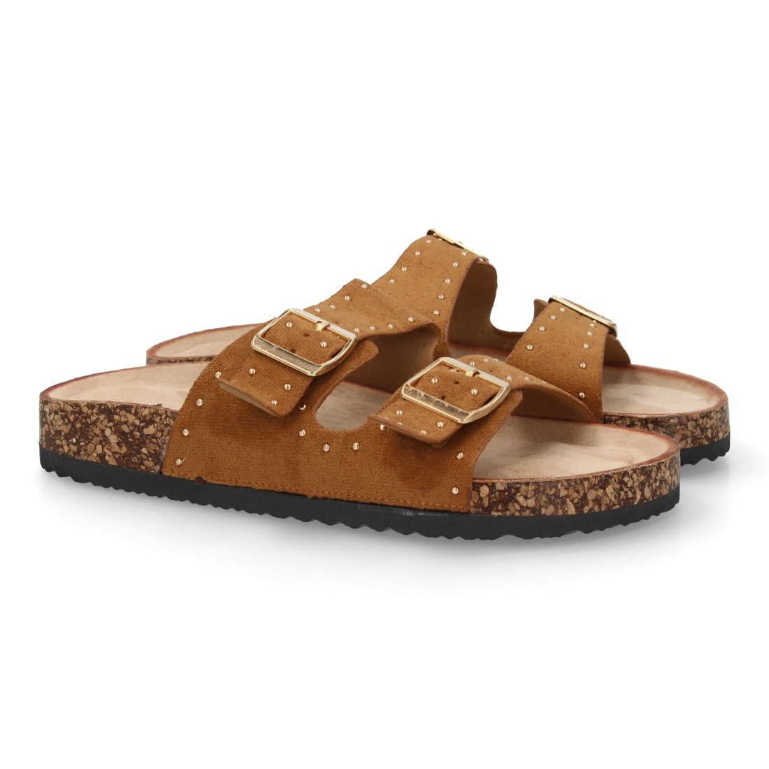 Sandalia bio camel con dos hebillas ajustables y suela de corcho.