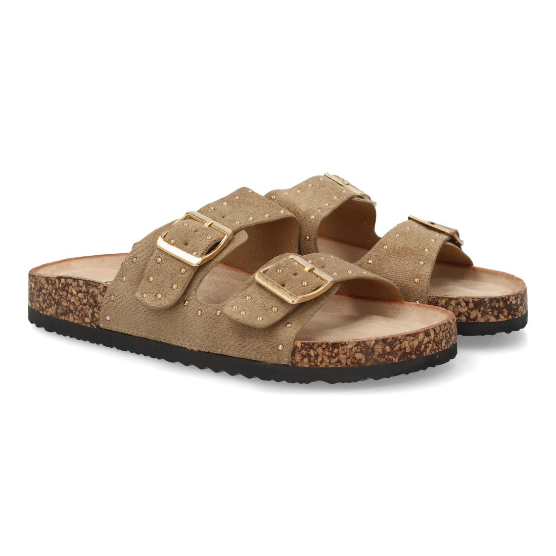 Sandalia bio taupe con hebillas metálicas y suela efecto corcho.