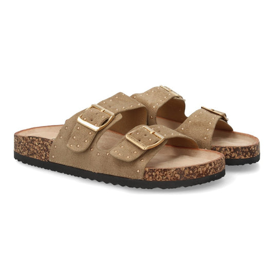 Sandalia bio taupe con hebillas metálicas y suela efecto corcho.