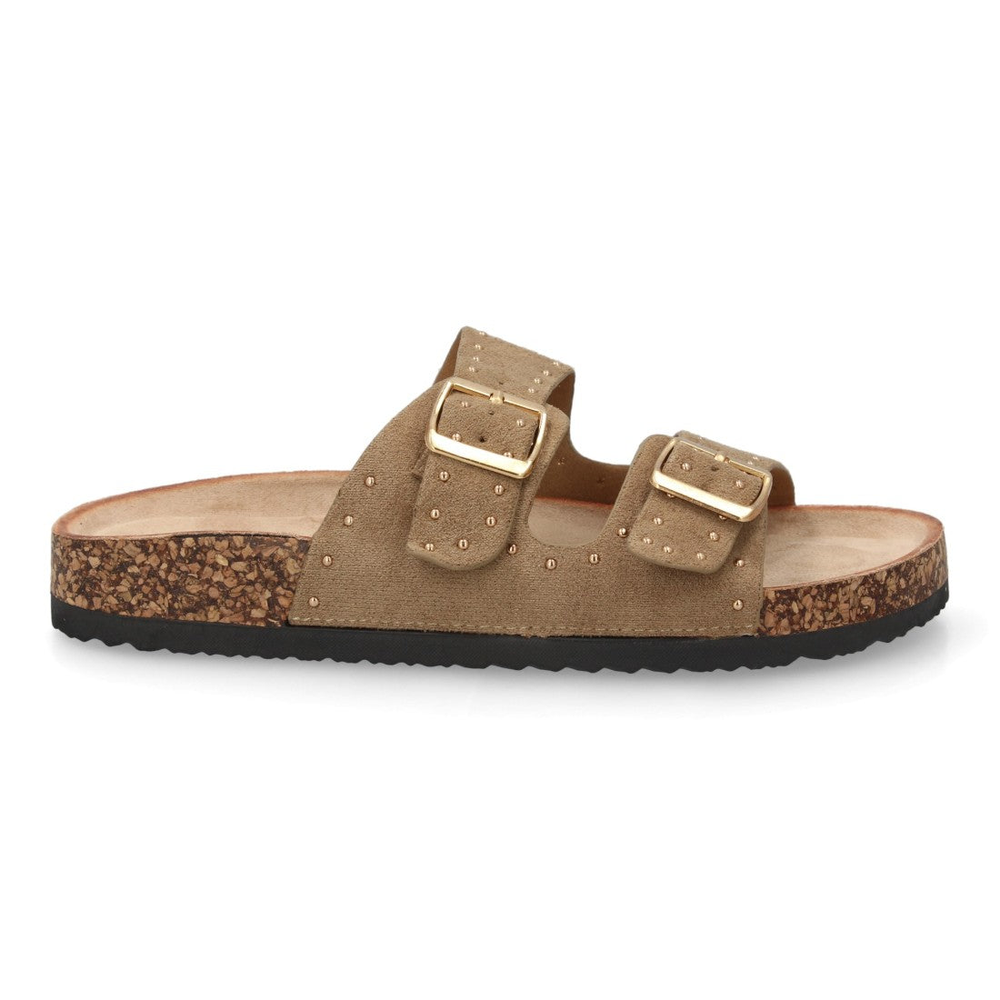 Sandalia bio taupe con hebillas metálicas y suela efecto corcho.