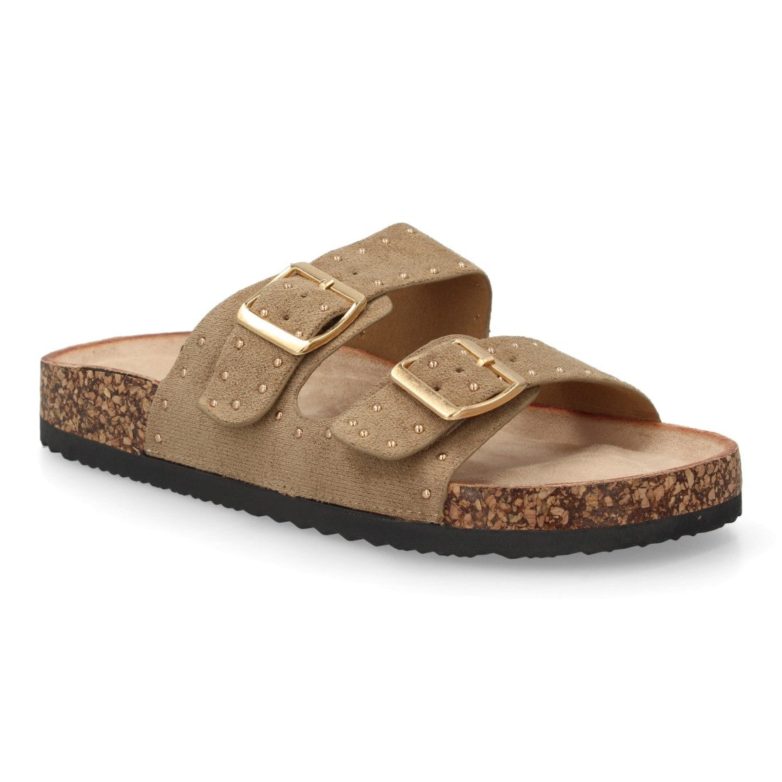 Sandalia bio taupe con hebillas metálicas y suela efecto corcho.