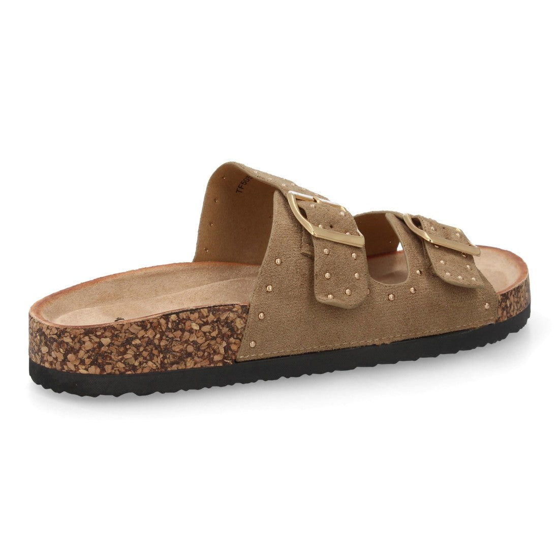 Sandalia bio taupe con hebillas metálicas y suela efecto corcho.