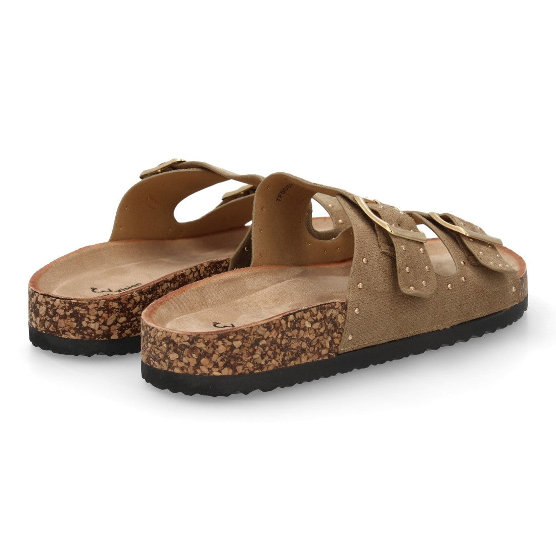 Sandalia bio taupe con hebillas metálicas y suela efecto corcho.