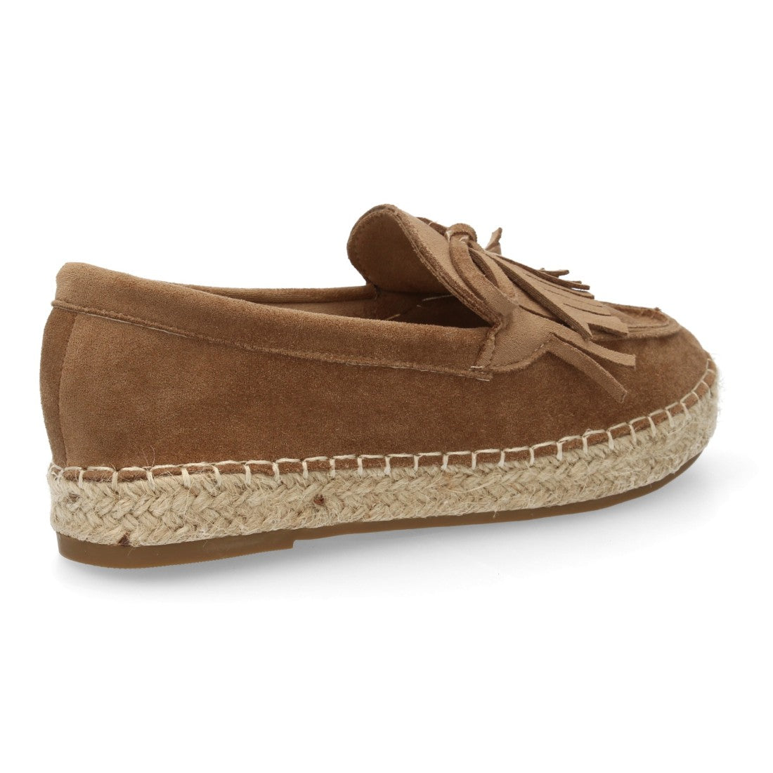 Alpargata plana verde kaki con detalle de flecos y suela de cuerda natural.