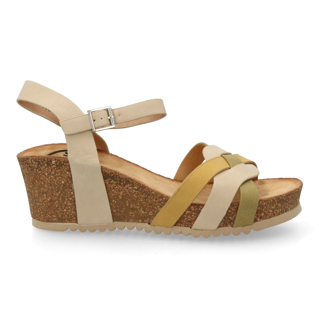 Sandalia cuña mujer color apricot con tiras cruzadas y suela bio.