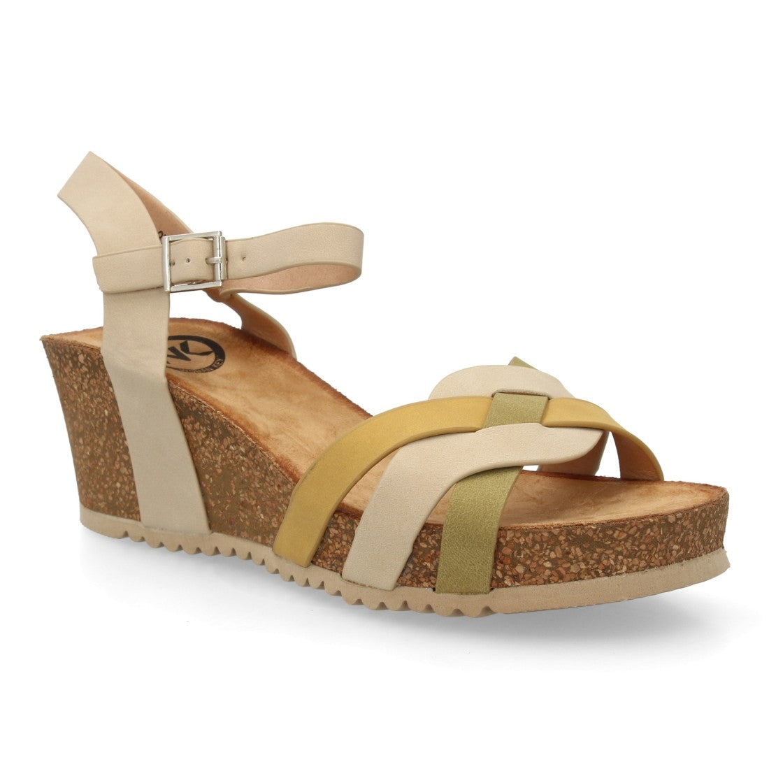 Sandalia cuña mujer color apricot con tiras cruzadas y suela bio.