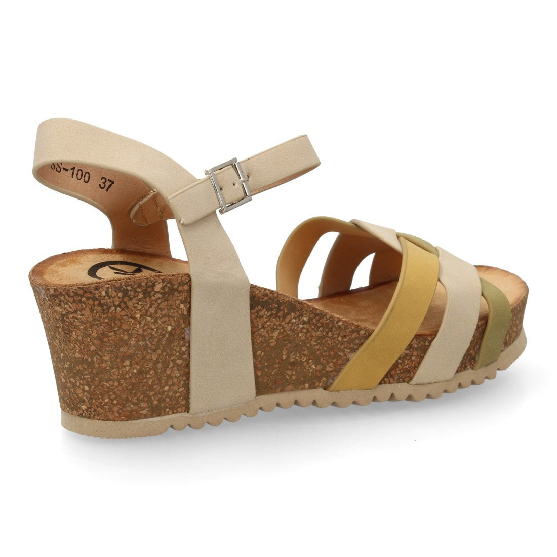 Sandalia cuña mujer color apricot con tiras cruzadas y suela bio.