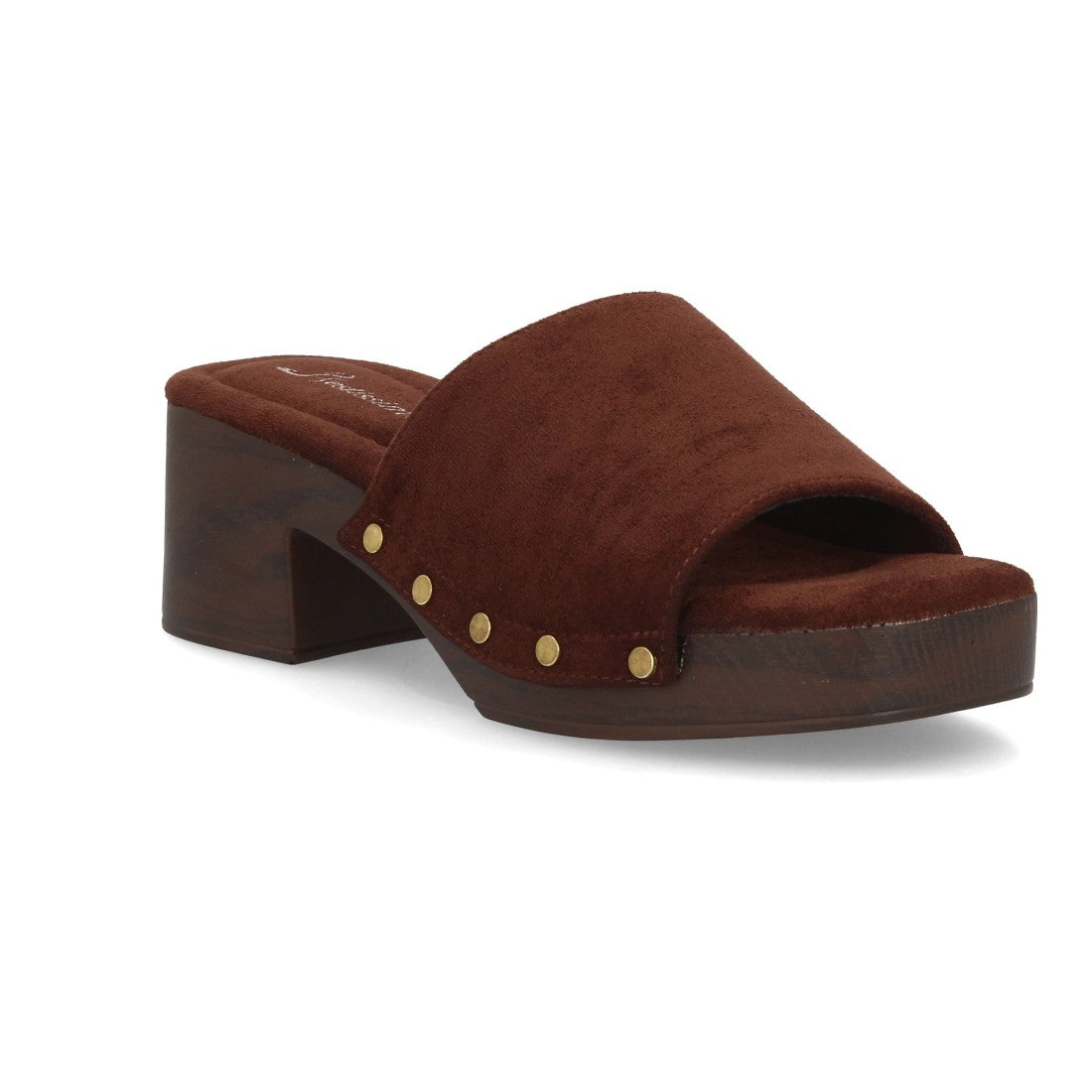 Zueco marrón tacón madera mujer
