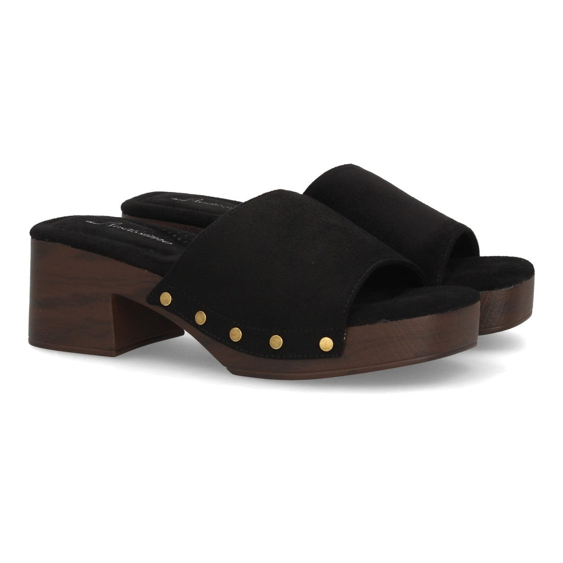 Zueco negro tacón madera mujer
