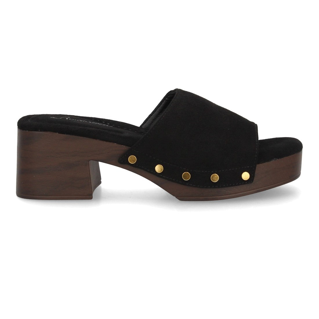 Zueco negro tacón madera mujer