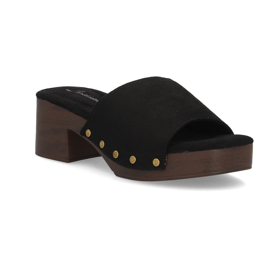 Zueco negro tacón madera mujer