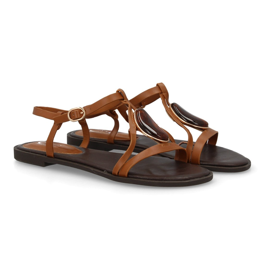 sandalia plana camel mujer detalle piedra