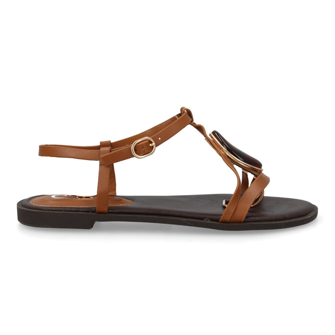 sandalia plana camel mujer detalle piedra