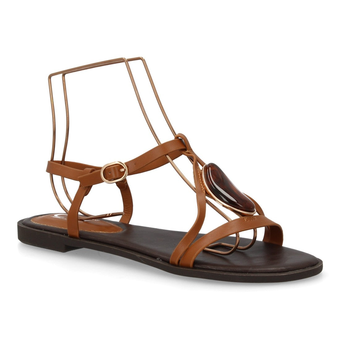 sandalia plana camel mujer detalle piedra