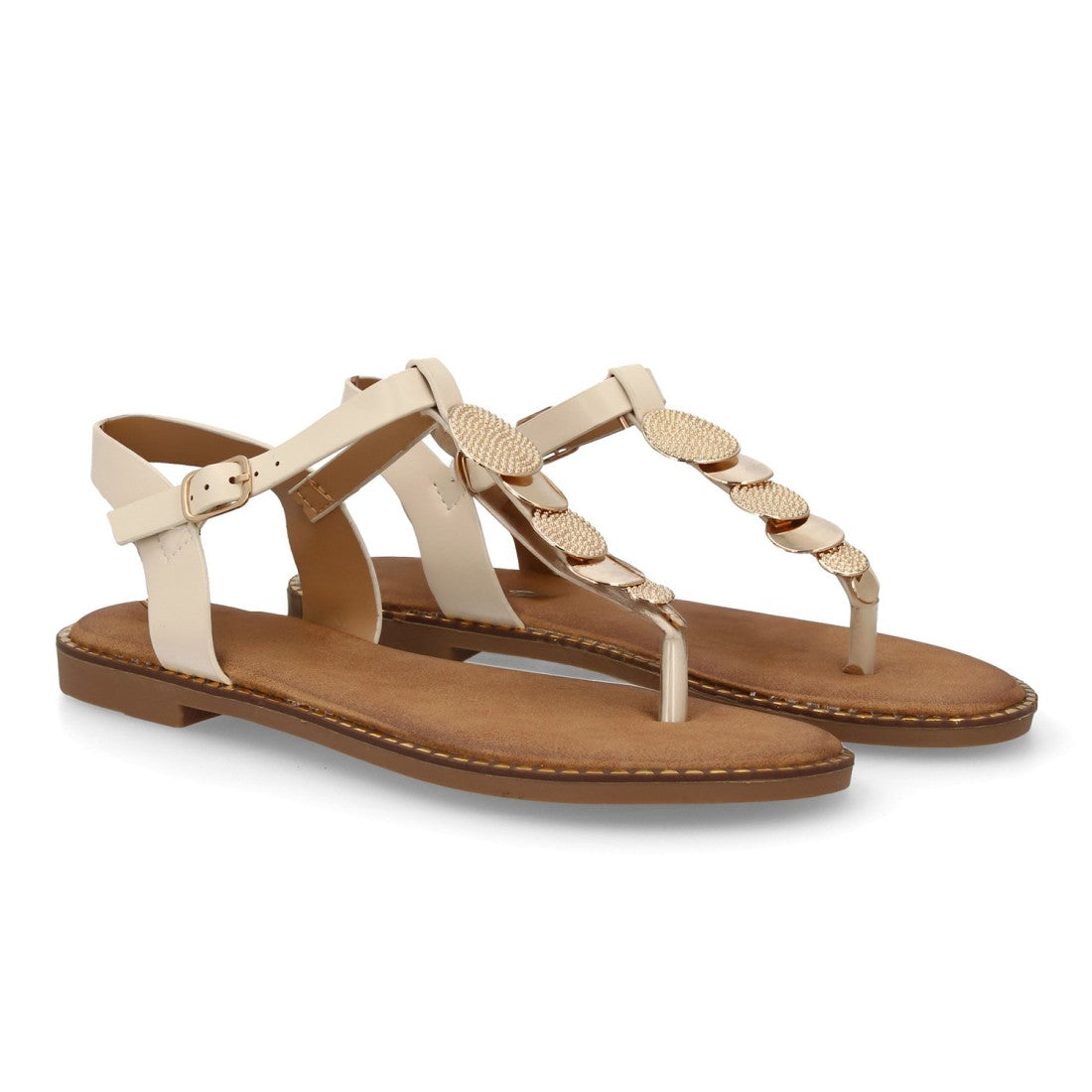 sandalia plana beige dedo metálica mujer