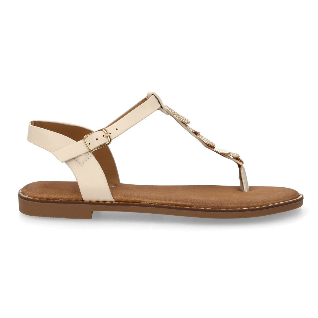 sandalia plana beige dedo metálica mujer