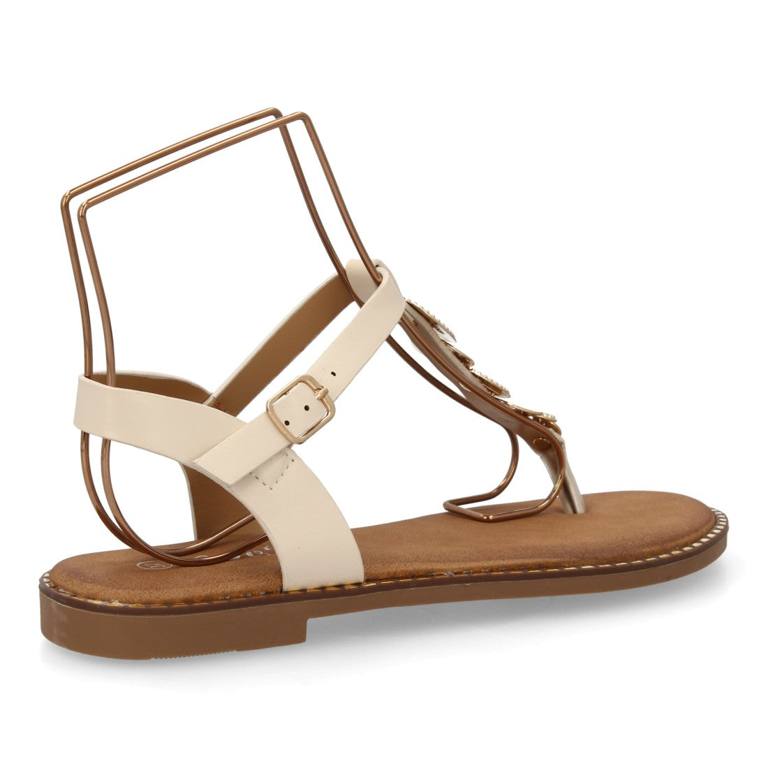 sandalia plana beige dedo metálica mujer