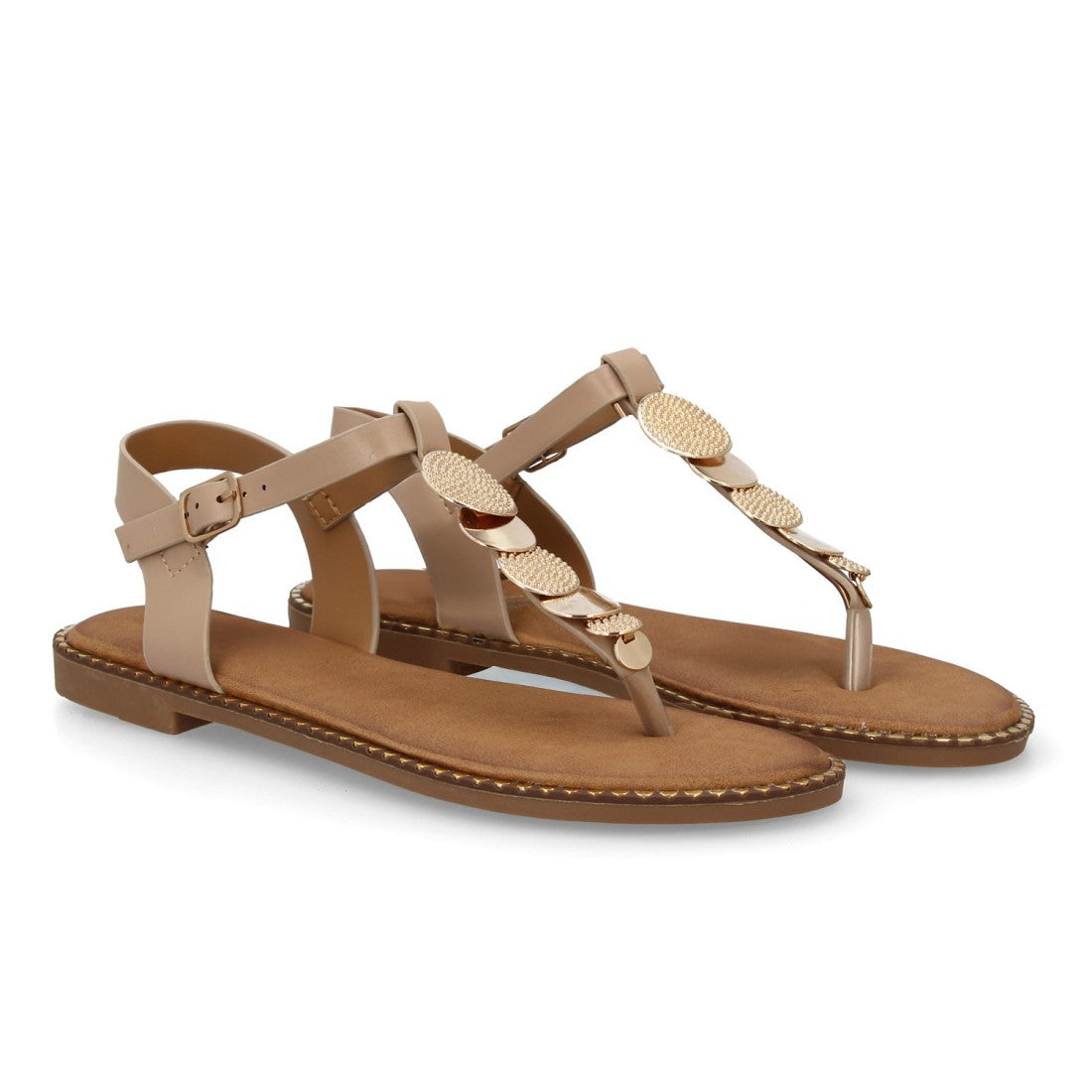sandalia plana kaki dedo metálica mujer