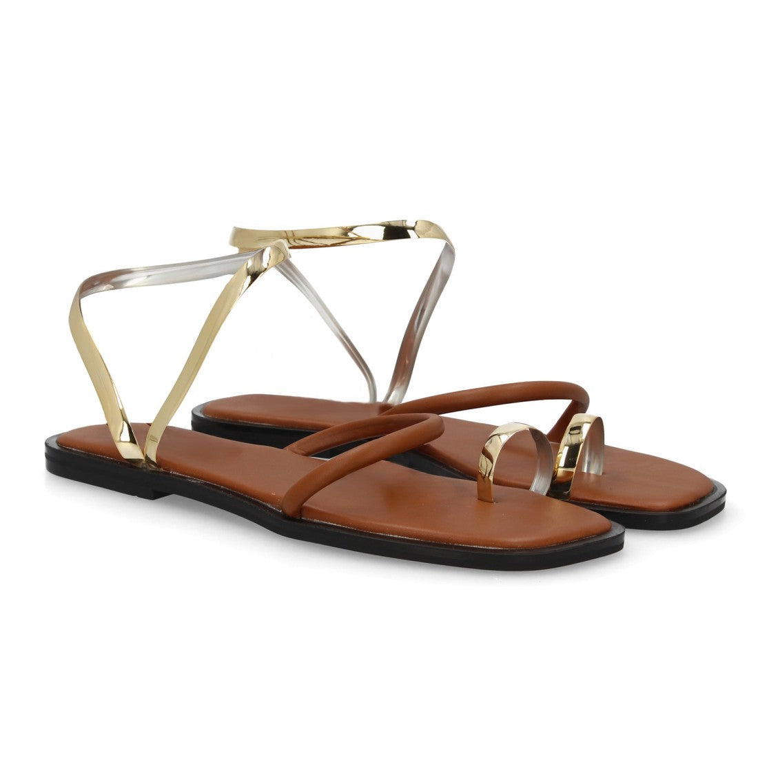 Sandalia plana camel tiras modernas mujer