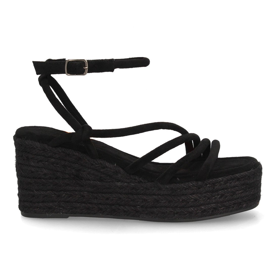 Sandalia cuña negra mujer con plataforma de yute natural.