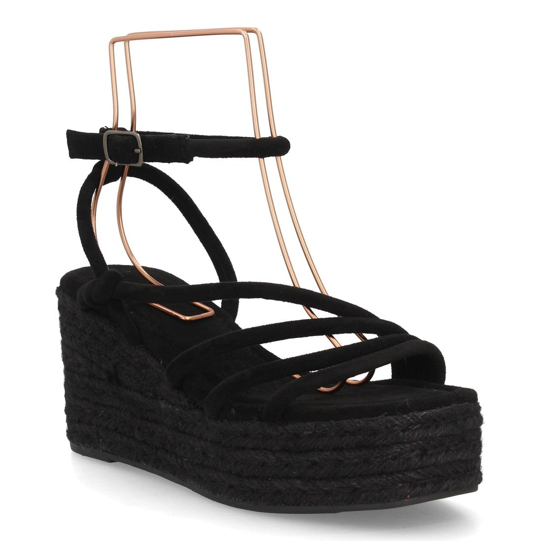 Sandalia cuña negra mujer con plataforma de yute natural.
