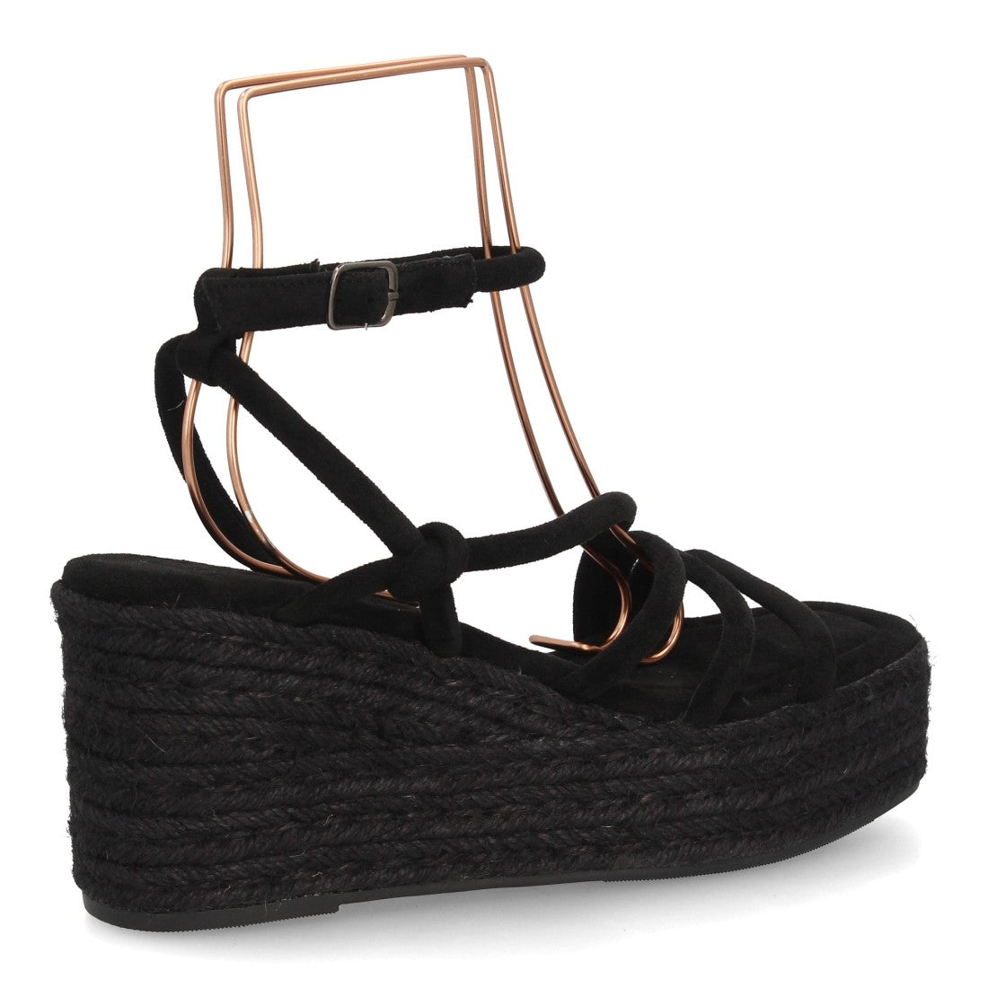 Sandalia cuña negra mujer con plataforma de yute natural.