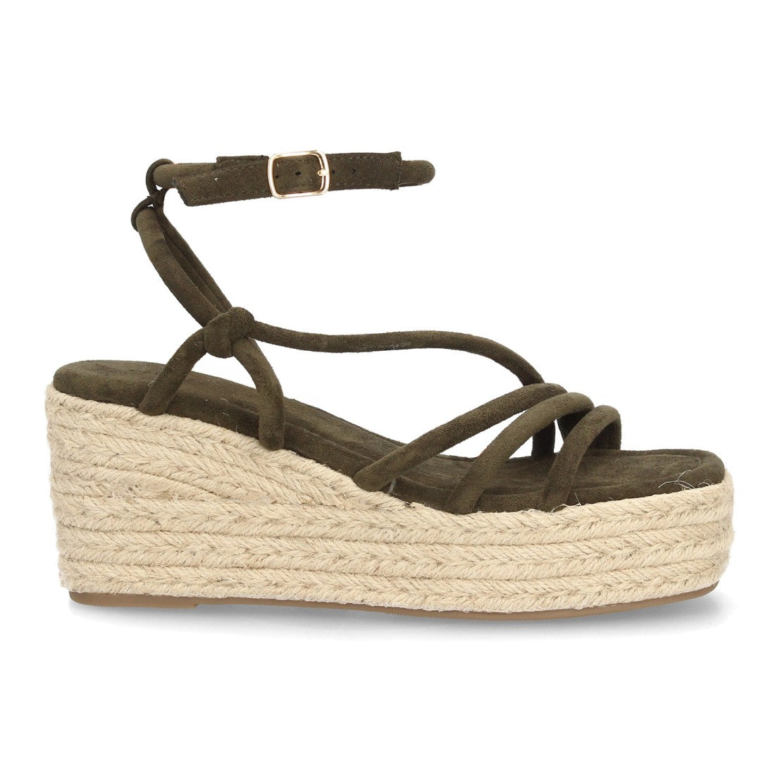 Sandalia cuña mujer verde con plataforma de yute y hebilla.