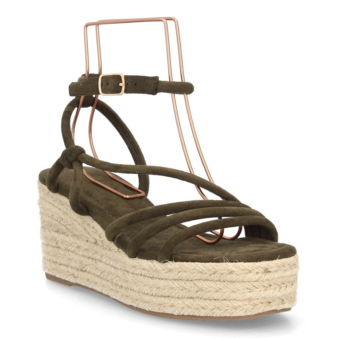 Sandalia cuña mujer verde con plataforma de yute y hebilla.