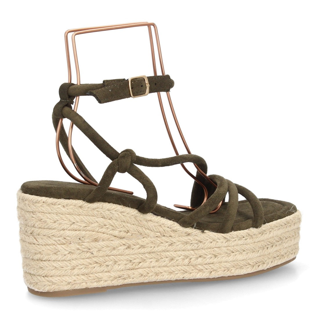 Sandalia cuña mujer verde con plataforma de yute y hebilla.