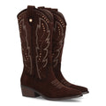 Bota cowboy alta marrón para mujer con bordados étnicos western y tachuelas