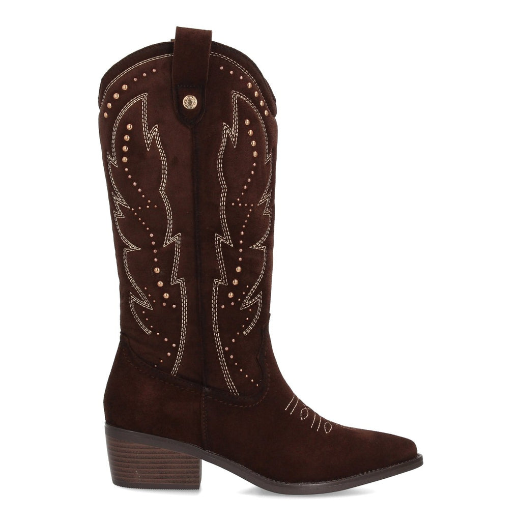 Bota cowboy alta marrón para mujer con bordados étnicos western y tachuelas