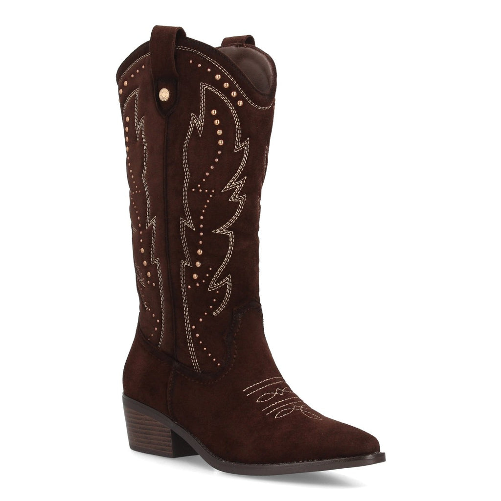 Bota cowboy alta marrón para mujer con bordados étnicos western y tachuelas