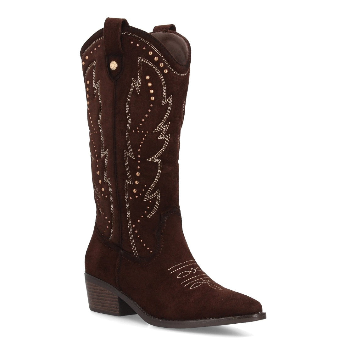 Bota cowboy alta marrón para mujer con bordados étnicos western y tachuelas