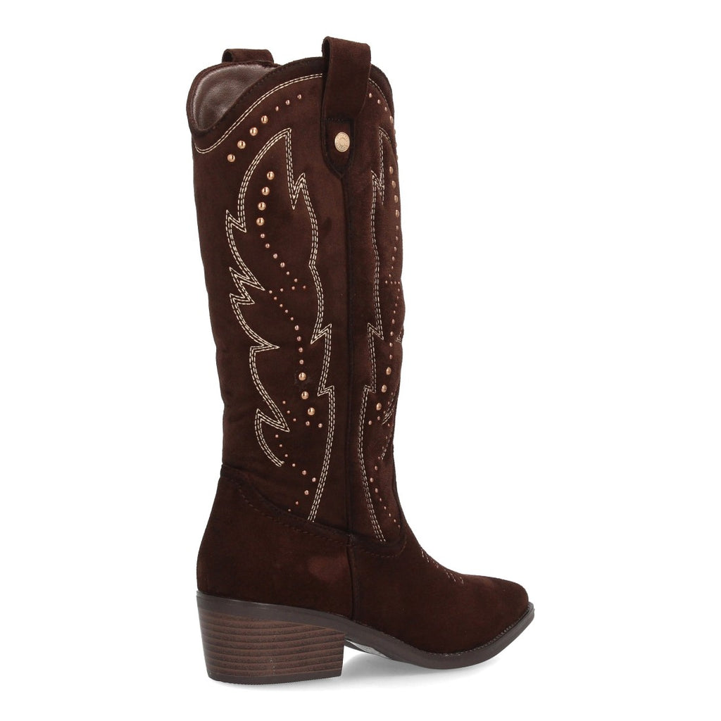 Bota cowboy alta marrón para mujer con bordados étnicos western y tachuelas