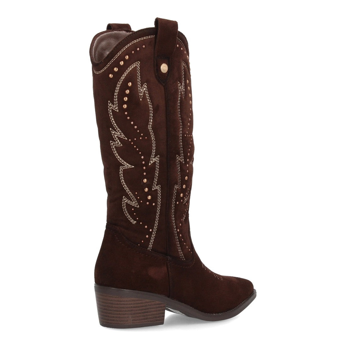 Bota cowboy alta marrón para mujer con bordados étnicos western y tachuelas