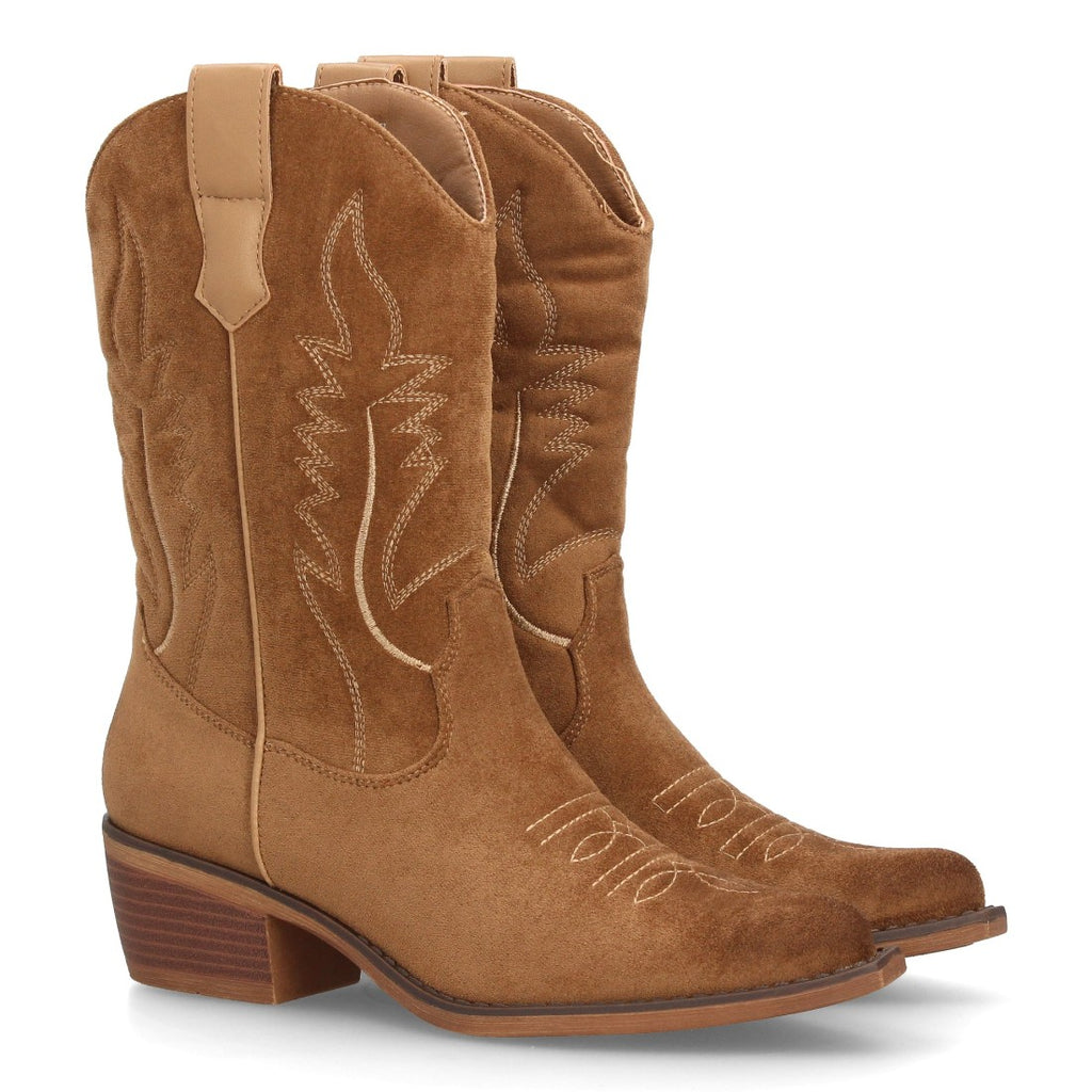 Bota alta cowboy para mujer en color camel con costuras decorativas