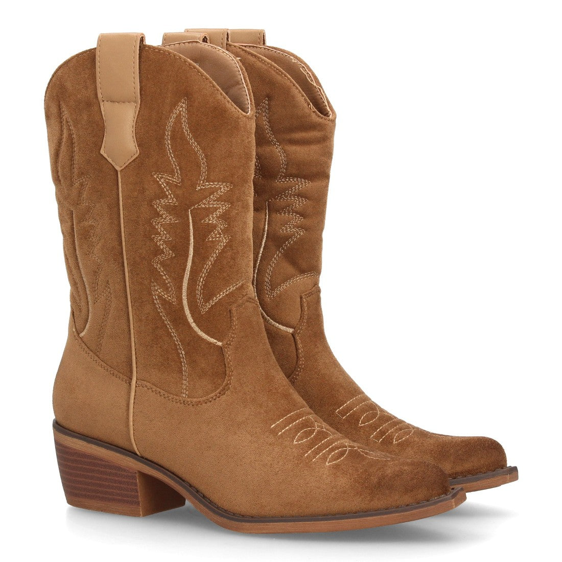 Bota alta cowboy para mujer en color camel con costuras decorativas