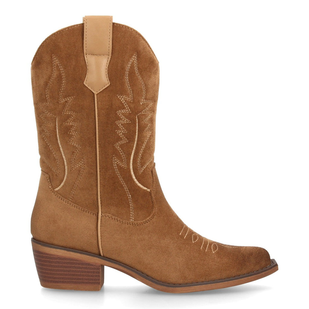 Bota alta cowboy para mujer en color camel con costuras decorativas