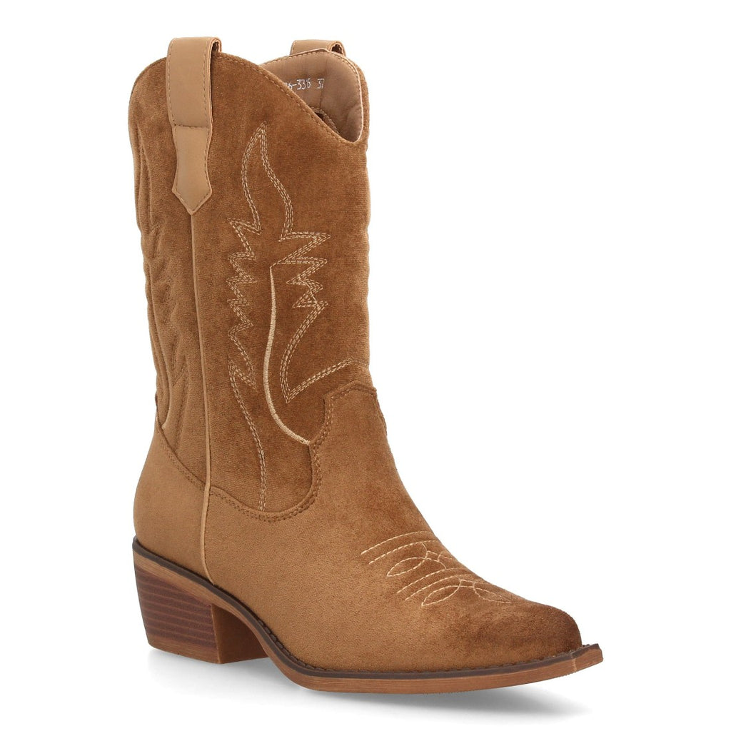 Bota alta cowboy para mujer en color camel con costuras decorativas
