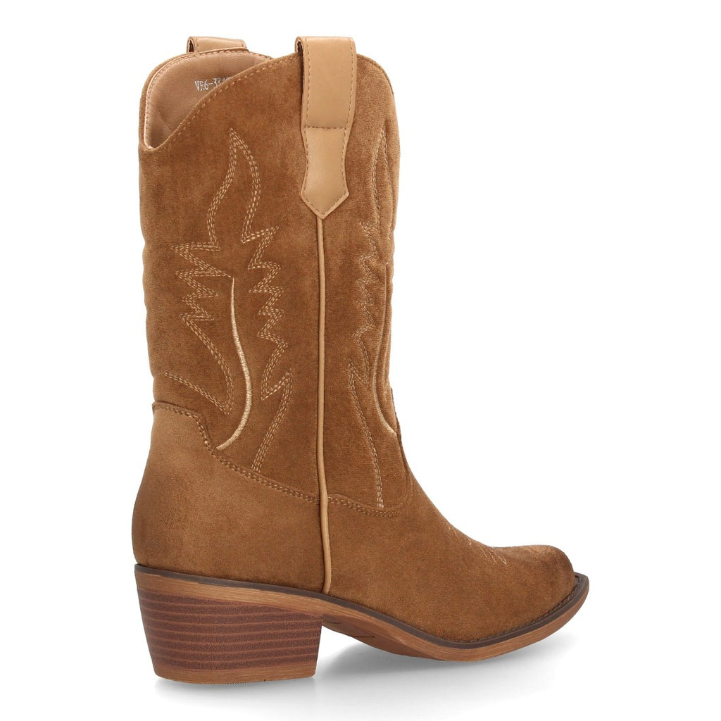 Bota alta cowboy para mujer en color camel con costuras decorativas