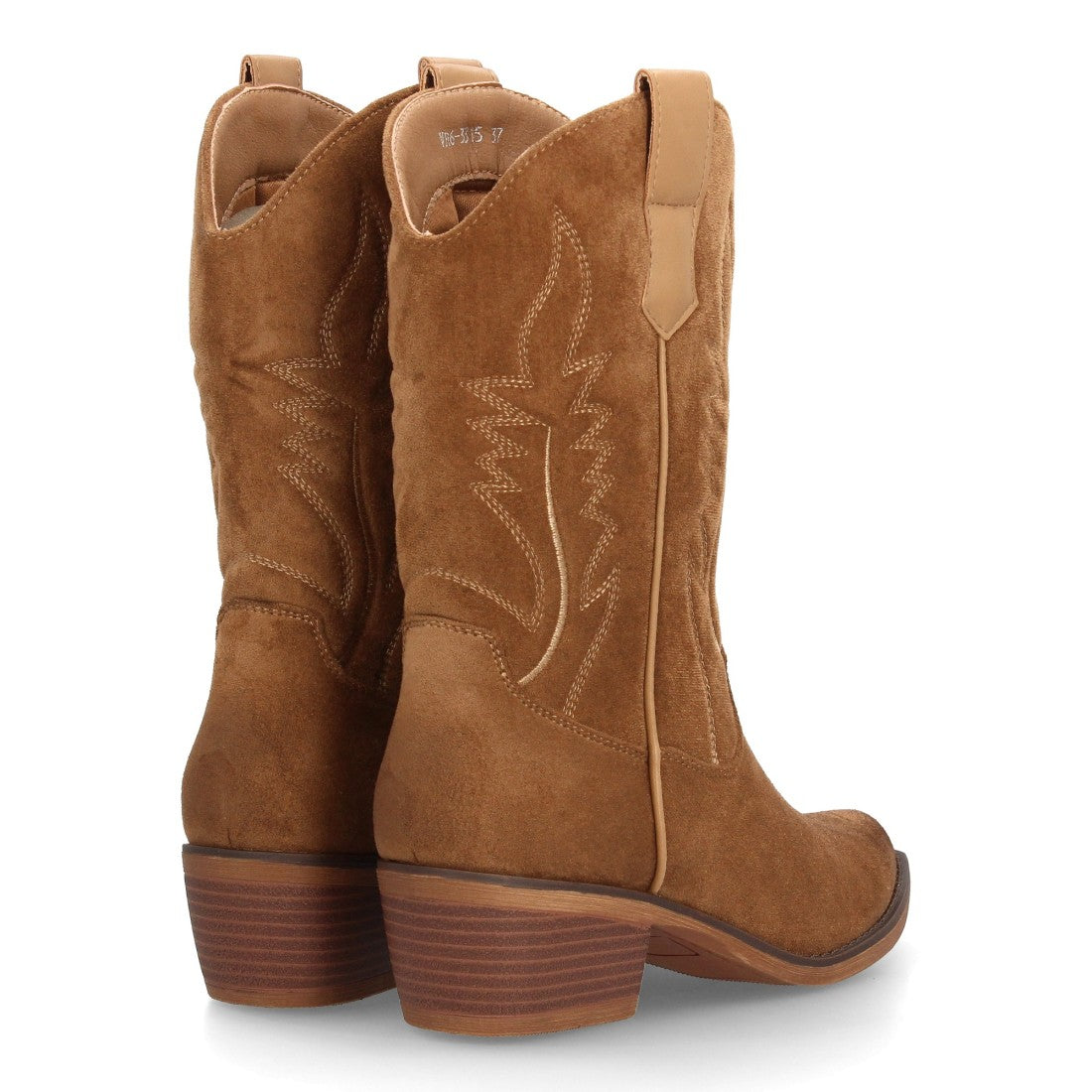 Bota alta cowboy para mujer en color camel con costuras decorativas