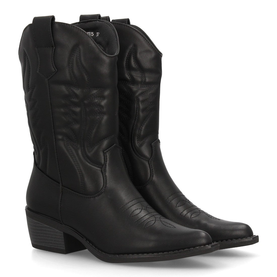 Bota cowboy negra de caña alta para mujer con costuras y tacón bajo cómodo