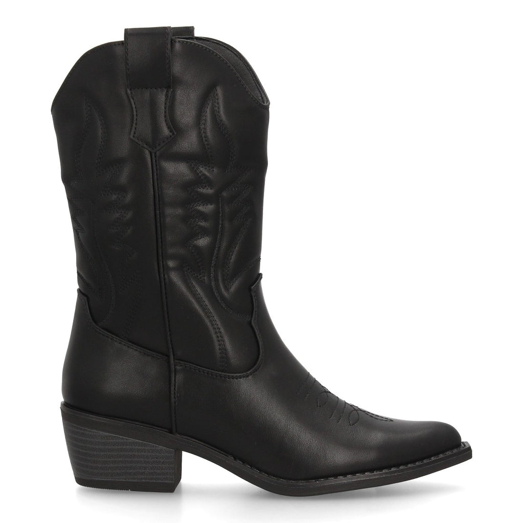 Bota cowboy negra de caña alta para mujer con costuras y tacón bajo cómodo