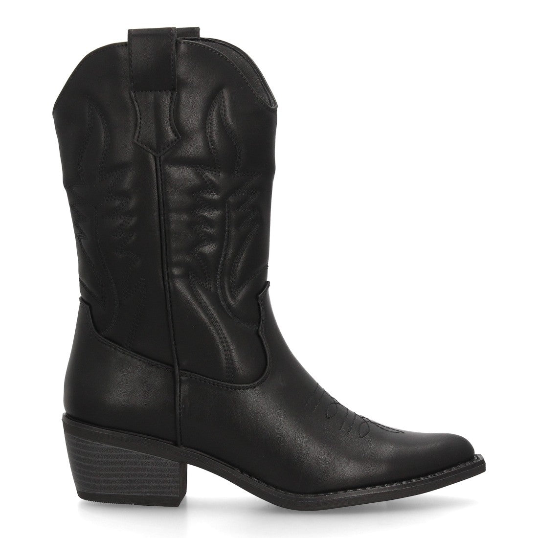 Bota cowboy negra de caña alta para mujer con costuras y tacón bajo cómodo