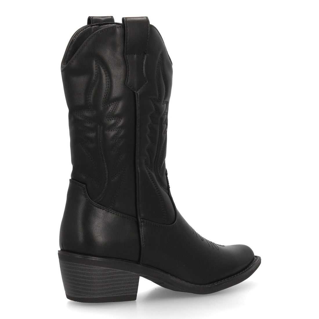 Bota cowboy negra de caña alta para mujer con costuras y tacón bajo cómodo