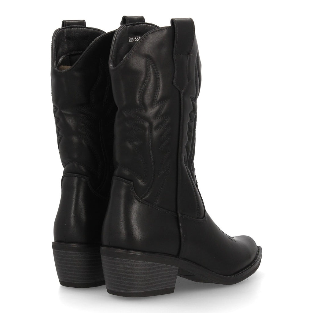 Bota cowboy negra de caña alta para mujer con costuras y tacón bajo cómodo