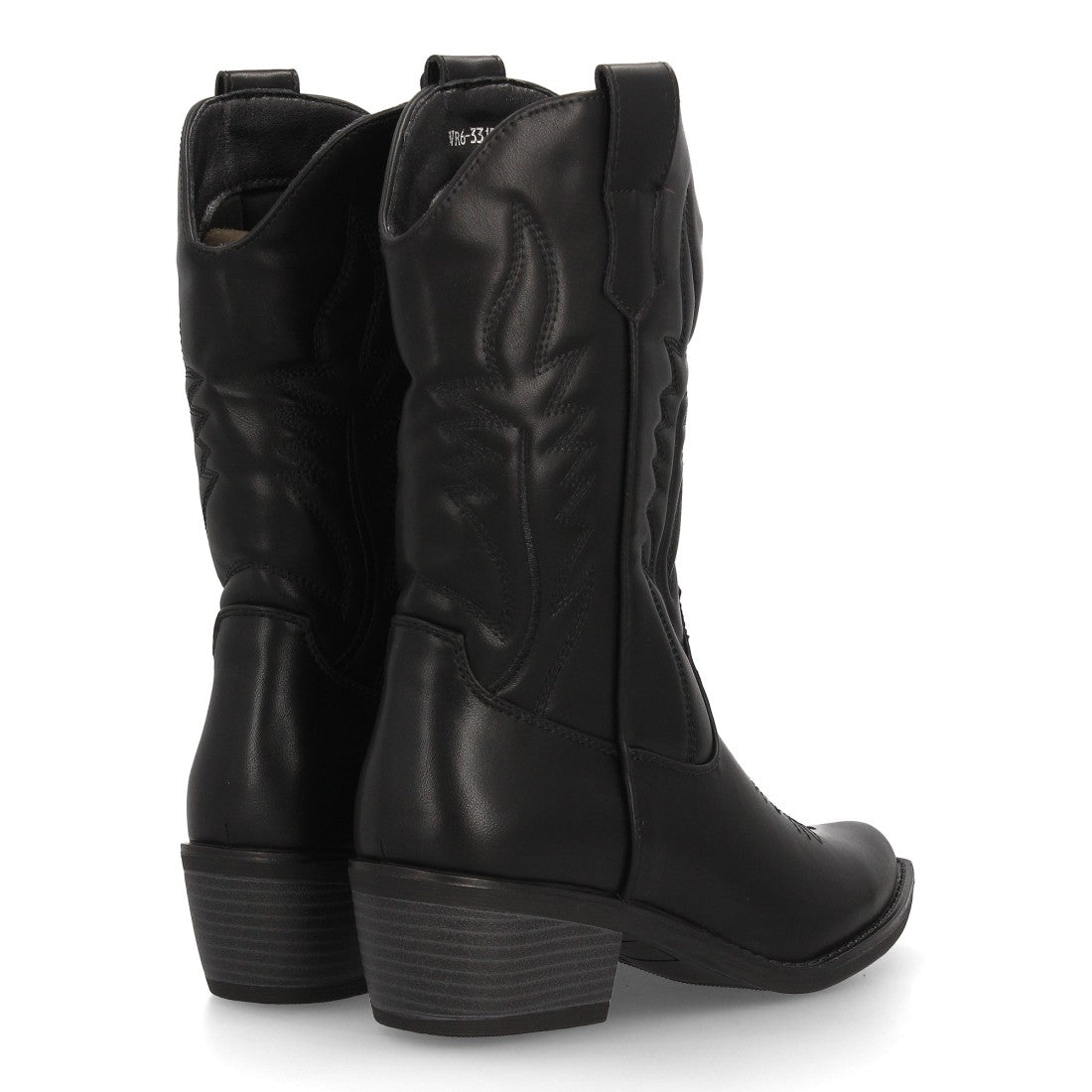 Bota cowboy negra de caña alta para mujer con costuras y tacón bajo cómodo