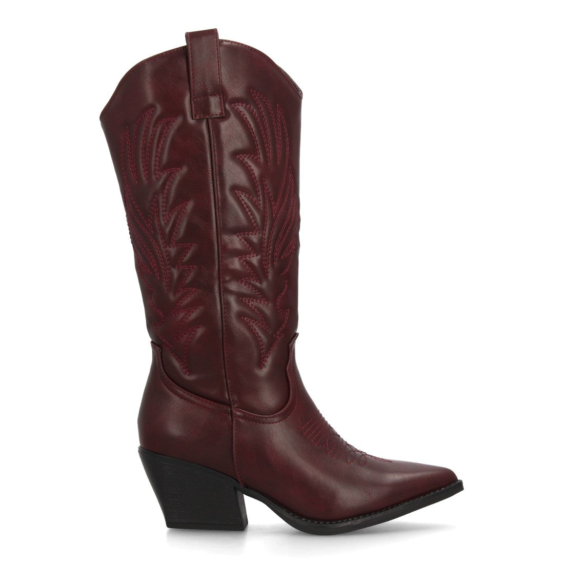 Bota alta cowboy burdeos con bordados ornamentales y tacón campero